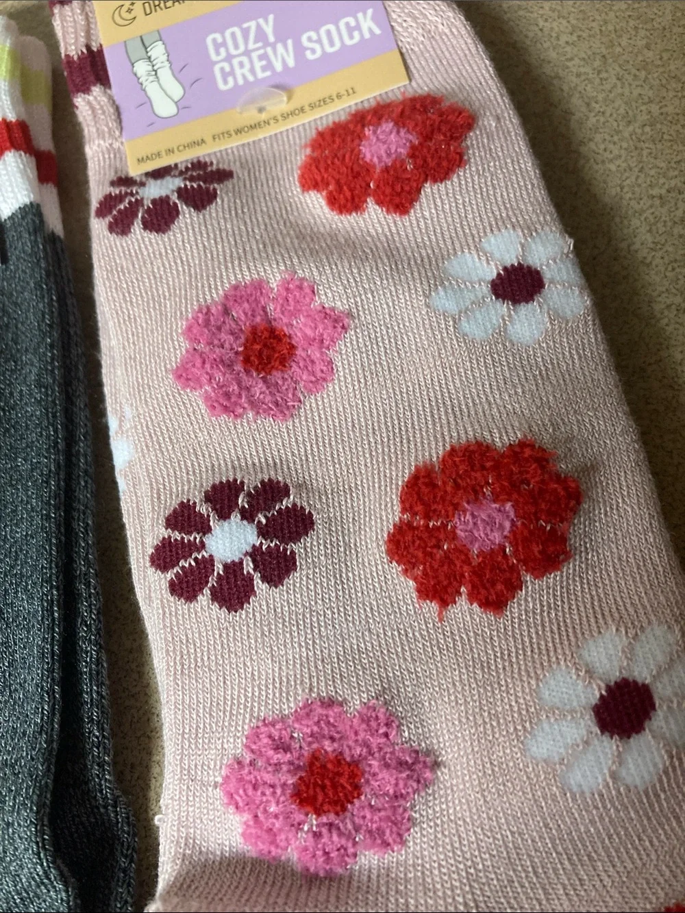 Muk Luks ladies Cozy Crew Socks - Gray with Ladybug & Pink Floral Pair
